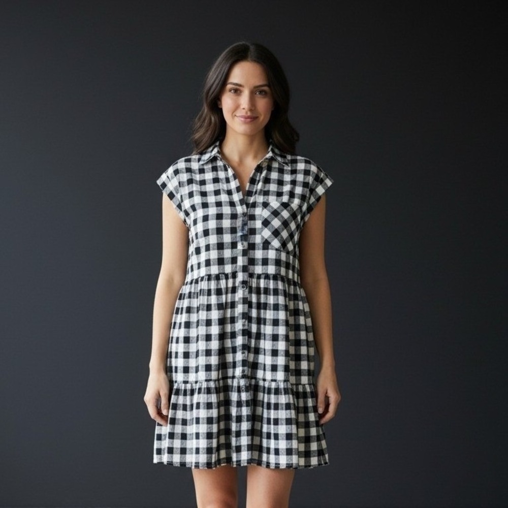 Oak & Trellis Black White Gingham Tiered Button Down Mini Shirt Dress‎ Small NWT